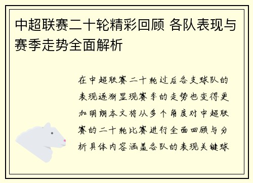 中超联赛二十轮精彩回顾 各队表现与赛季走势全面解析