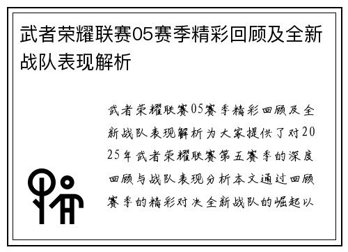 武者荣耀联赛05赛季精彩回顾及全新战队表现解析