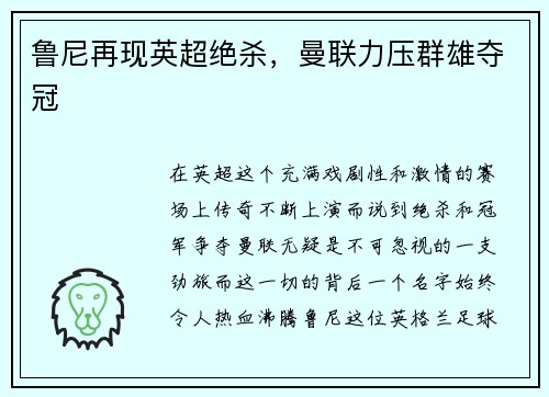 鲁尼再现英超绝杀，曼联力压群雄夺冠